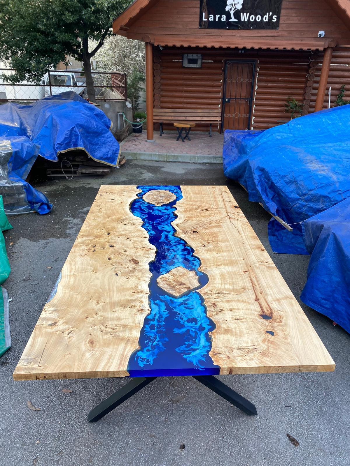 Custom 115” x 60”  Poplar Wood Blue, Turquoise and White Waves Table, Epoxy River Dining Table, Order for Rick B