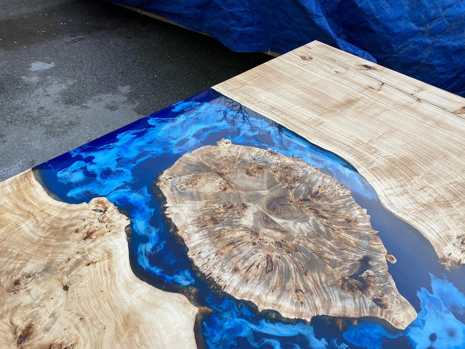 Custom 115” x 60”  Poplar Wood Blue, Turquoise and White Waves Table, Epoxy River Dining Table, Order for Rick B