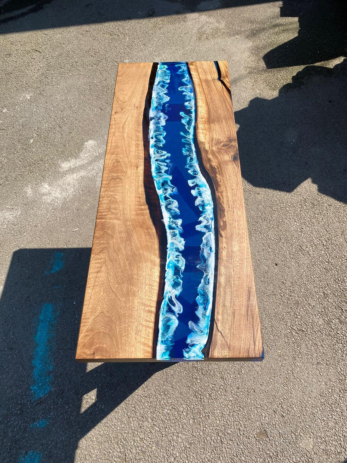 Epoxy Console Table, Custom 48” x 18” Walnut Ocean Blue, Turquoise White Waves Epoxy River Console Table Order for David R 1