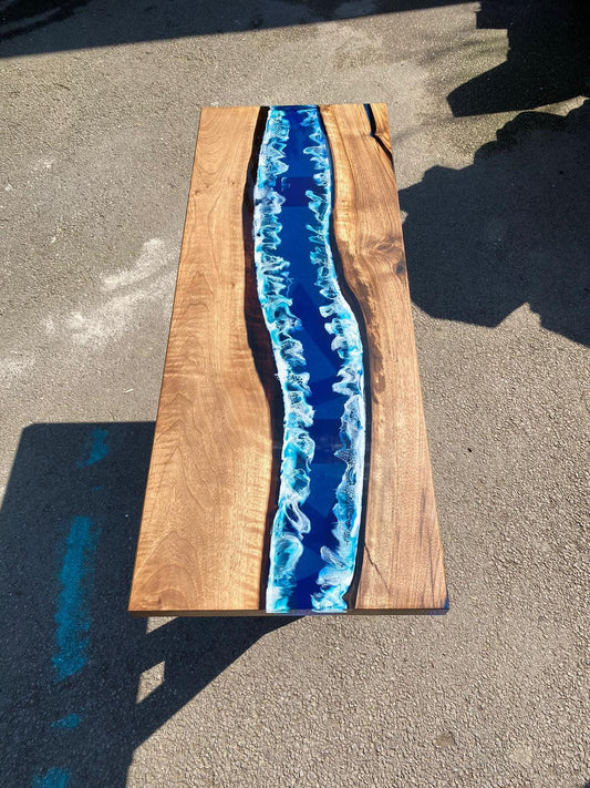 Epoxy Console Table, Custom 48” x 18” Walnut Ocean Blue, Turquoise White Waves Epoxy River Console Table Order for David R 1