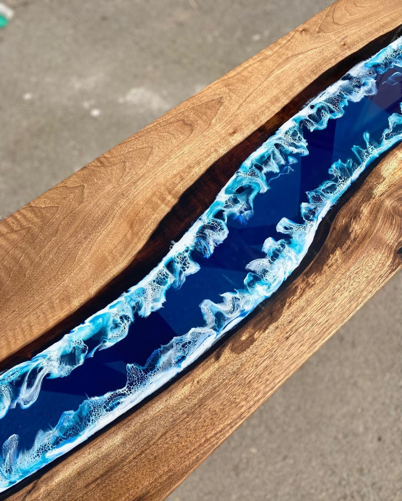 Epoxy Console Table, Custom 48” x 18” Walnut Ocean Blue, Turquoise White Waves Epoxy River Console Table Order for David R 1