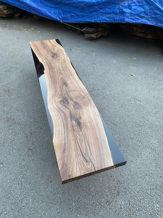 READY TO SHIP Walnut Dining Table, Custom 92"x 18" Walnut Black Epoxy Bench, Epoxy Resin Sofa Table,