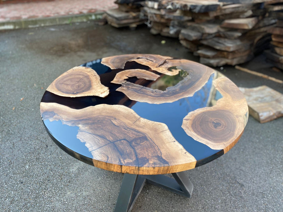 Custom 42” Diameter Round Walnut Wood Black Epoxy Table Order for Kitty