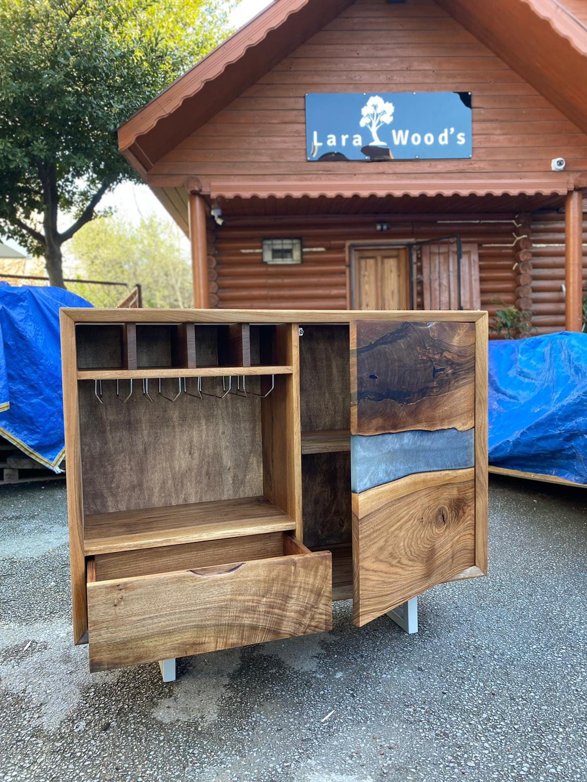 Custom Epoxy Wine Cabinet, Custom 44" x 13" x 36" Walnut Metallic Gray Epoxy Credenza, Wine Rack Cabinet Order for Nancy 1