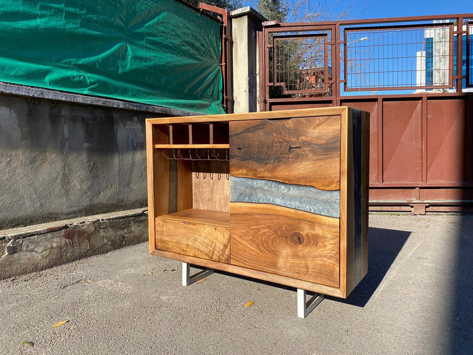 Custom Epoxy Wine Cabinet, Custom 44" x 13" x 36" Walnut Metallic Gray Epoxy Credenza, Wine Rack Cabinet Order for Nancy 1