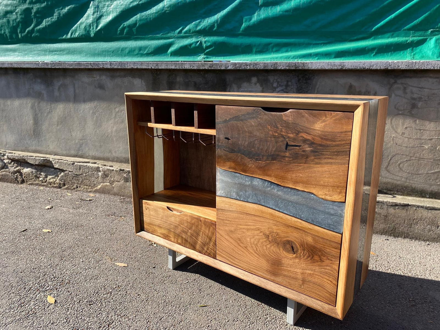 Custom Epoxy Wine Cabinet, Custom 44" x 13" x 36" Walnut Metallic Gray Epoxy Credenza, Wine Rack Cabinet Order for Nancy 1