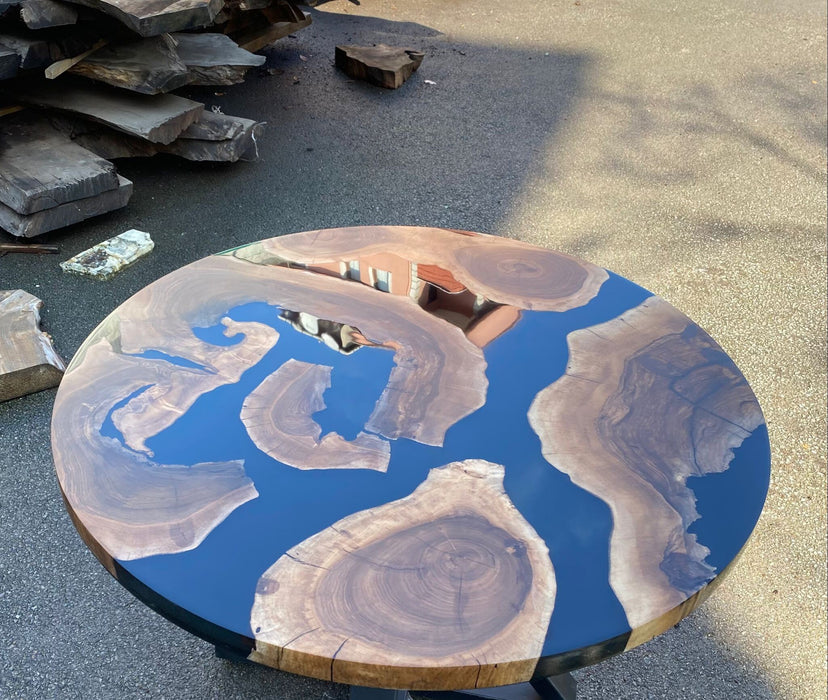 Custom 42” Diameter Round Walnut Wood Black Epoxy Table Order for Kitty