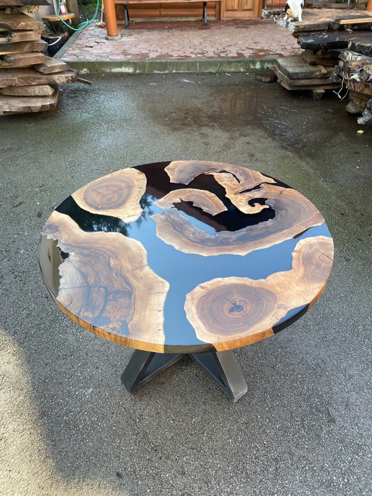 Custom 42” Diameter Round Walnut Wood Black Epoxy Table Order for Kitty