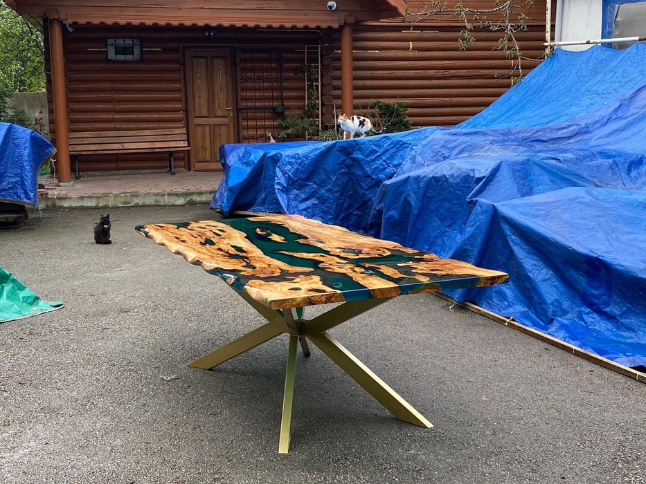 Epoxy Resin Dining Table, Custom 96” x 42” Olive Transparent Green Epoxy River Dining Table Order for Bernadette 1