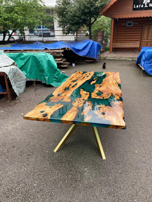 Epoxy Resin Dining Table, Custom 96” x 42” Olive Transparent Green Epoxy River Dining Table Order for Bernadette 1
