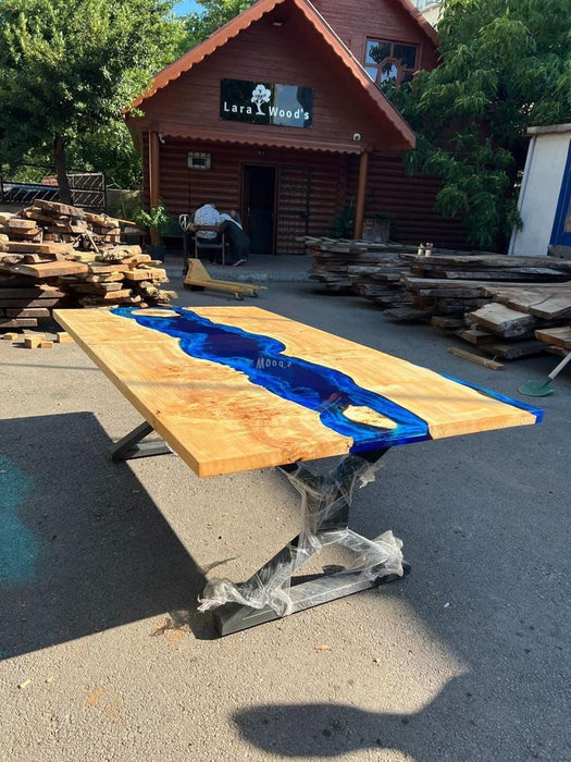 READY TO SHIP Custom 84” x 47” Poplar Dark Blue, Turquoise and White Swirls Ocean Epoxy Dining Table, River Epoxy Table