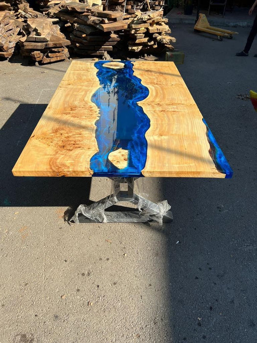 READY TO SHIP Custom 84” x 47” Poplar Dark Blue, Turquoise and White Swirls Ocean Epoxy Dining Table, River Epoxy Table
