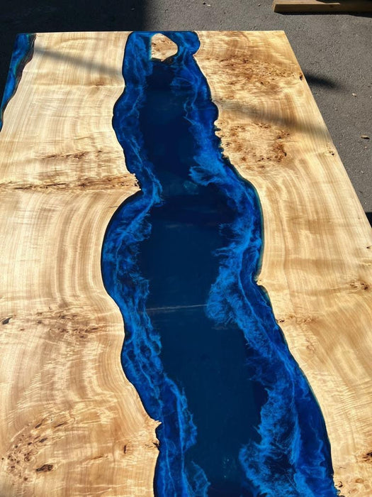 READY TO SHIP Custom 84” x 47” Poplar Dark Blue, Turquoise and White Swirls Ocean Epoxy Dining Table, River Epoxy Table