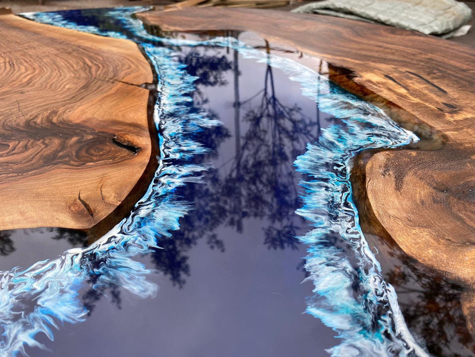 Custom 48” Round Walnut Dark Blue, Turquoise and White Swirls Ocean Epoxy Dining Table