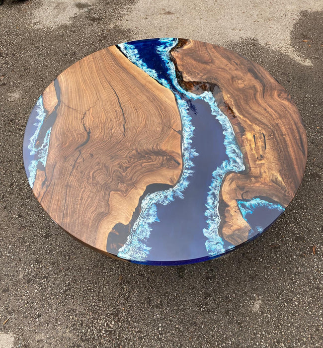 Custom 48” Round Walnut Dark Blue, Turquoise and White Swirls Ocean Epoxy Dining Table
