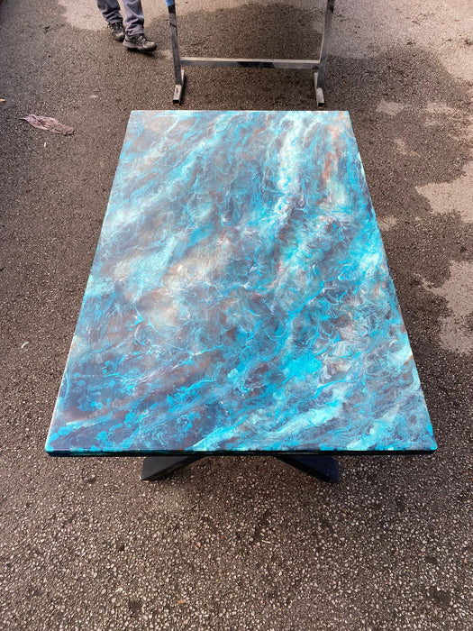 READY TO SHIP Custom 51" x 31"  Dark Blue, Turquoise and White Swirls Ocean Epoxy Table, Epoxy Dining Table