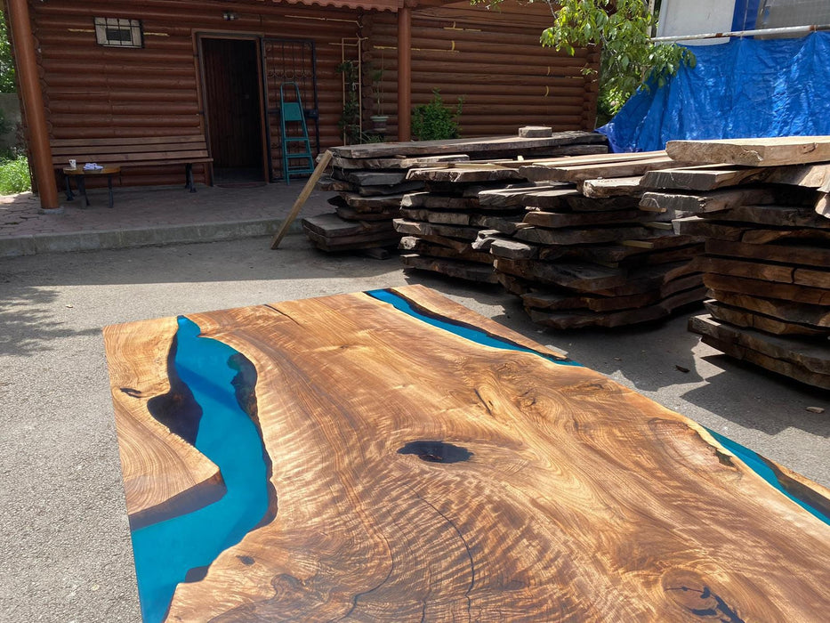 Walnut Dining Table, Live Edge Table, Custom 84” x 40” Walnut Sea Blue and Turquoise Green Dining Table, Order for Lynn H
