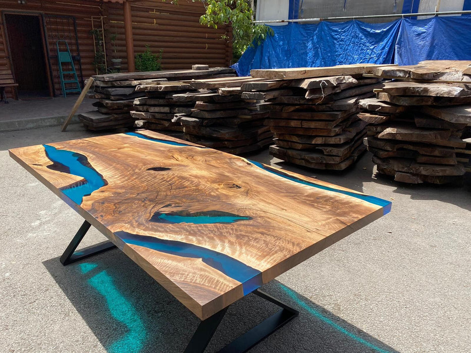 Walnut Dining Table, Live Edge Table, Custom 84” x 40” Walnut Sea Blue and Turquoise Green Dining Table, Order for Lynn H