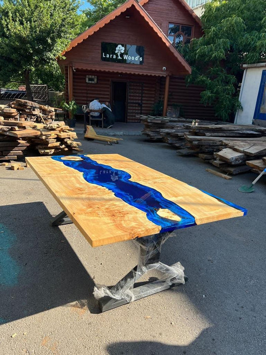 READY TO SHIP Custom 84” x 47” Poplar Dark Blue, Turquoise and White Swirls Ocean Epoxy Dining Table, River Epoxy Table