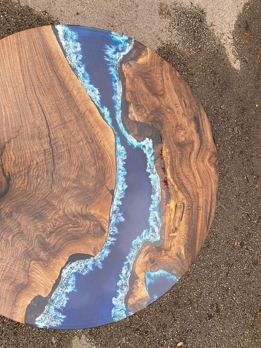 Custom 48” Round Walnut Dark Blue, Turquoise and White Swirls Ocean Epoxy Dining Table