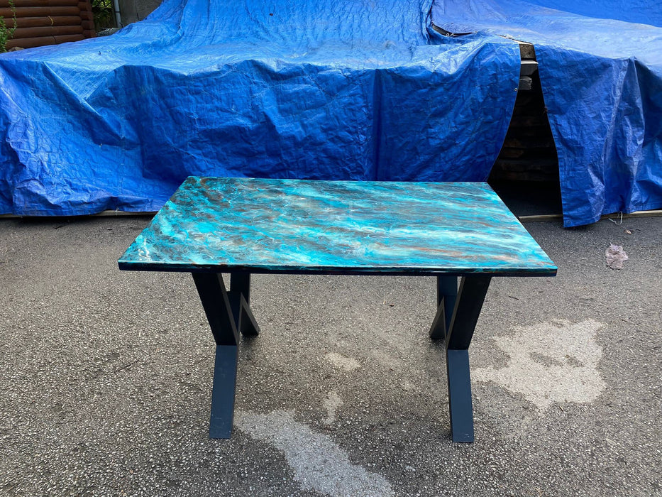 READY TO SHIP Custom 51" x 31"  Dark Blue, Turquoise and White Swirls Ocean Epoxy Table, Epoxy Dining Table