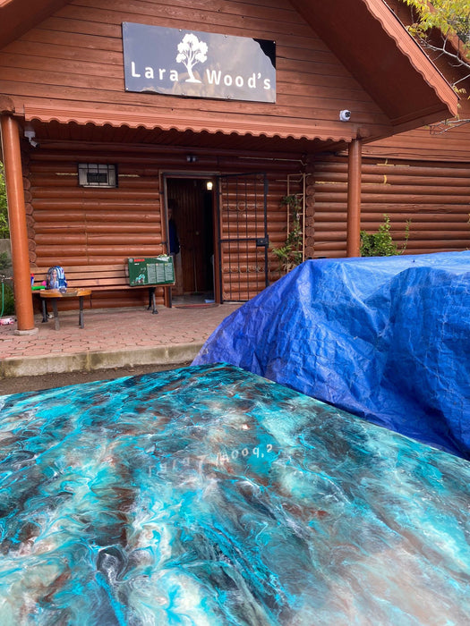 READY TO SHIP Custom 51" x 31"  Dark Blue, Turquoise and White Swirls Ocean Epoxy Table, Epoxy Dining Table