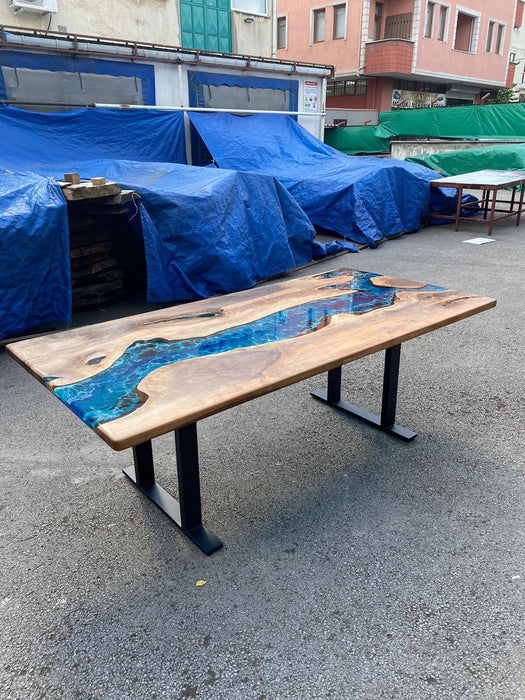 Epoxy Dining Table, Ocean Table, Custom 84” x 42” Walnut Ocean Blue, Turquoise White Waves Epoxy River Table Tampa, Order for Jack