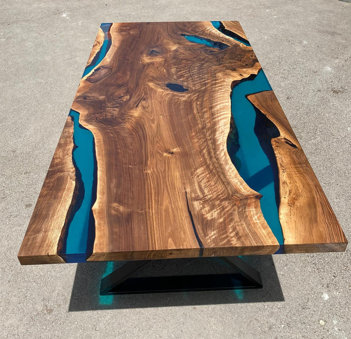 Walnut Dining Table, Live Edge Table, Custom 84” x 40” Walnut Sea Blue and Turquoise Green Dining Table, Order for Lynn H