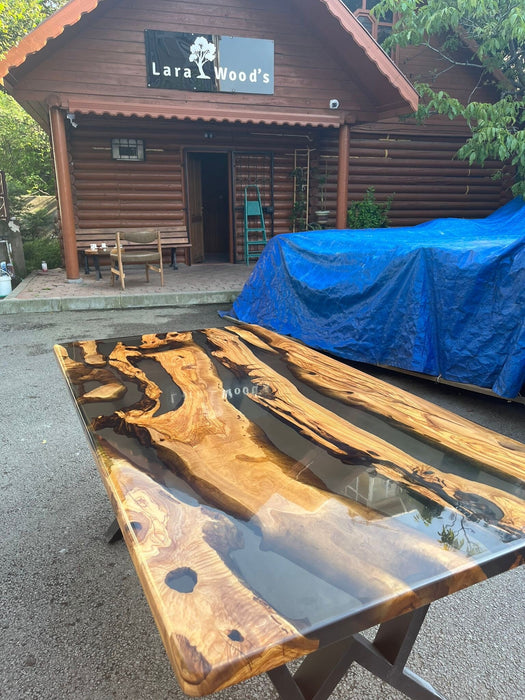 Epoxy Dining Table, Olive Epoxy River Table, Custom 72” x 36” Custom Olive Wood Shiny Smoke Gray Epoxy Dining Table Order for Michael M