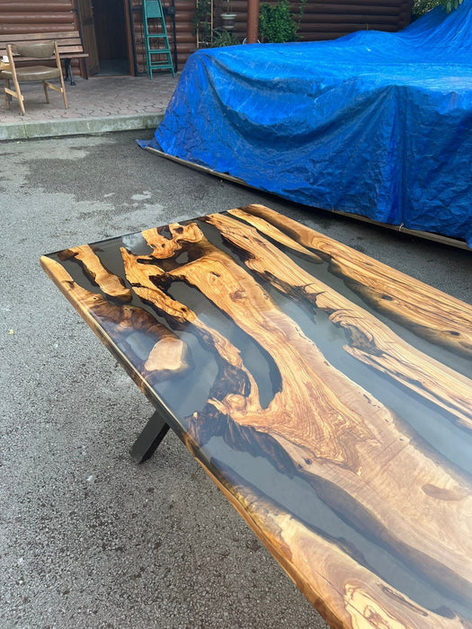 Epoxy Dining Table, Olive Epoxy River Table, Custom 72” x 36” Custom Olive Wood Shiny Smoke Gray Epoxy Dining Table Order for Michael M