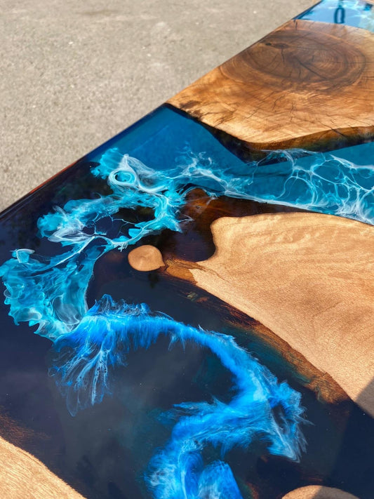 Epoxy Dining Table, Ocean Table, Custom 84” x 42” Walnut Ocean Blue, Turquoise White Waves Epoxy River Table Tampa, Order for Jack