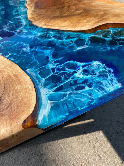 Epoxy Dining Table, Ocean Table, Custom 84” x 42” Walnut Ocean Blue, Turquoise White Waves Epoxy River Table Tampa, Order for Jack