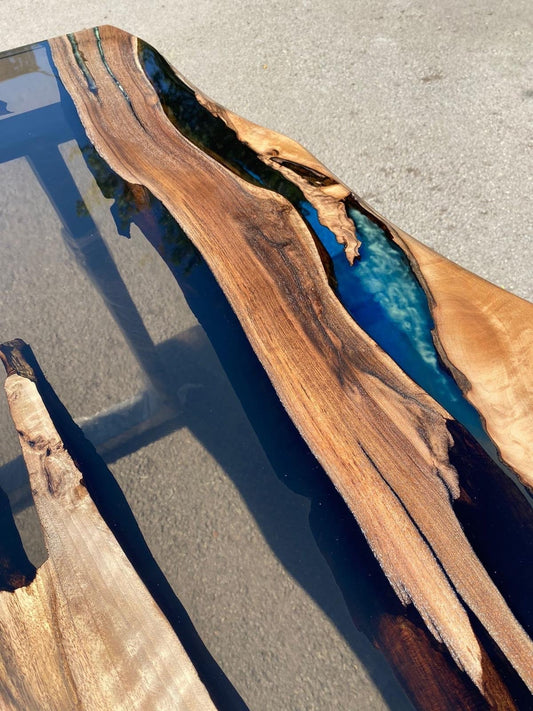 Glowing River Table, Custom 55” x 32” Walnut Smokey Gray Table, Phosphorus Epoxy River Glowing Table Order for Angela L1