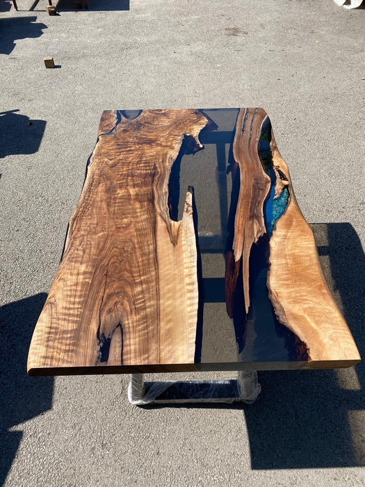 Glowing River Table, Custom 55” x 32” Walnut Smokey Gray Table, Phosphorus Epoxy River Glowing Table Order for Angela L1