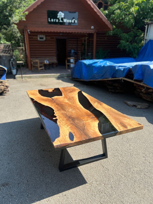 Black Epoxy Table, Epoxy Table, Epoxy Dining Table, Custom 90” x 45” Walnut Black Epoxy River Table Order for Kelly G