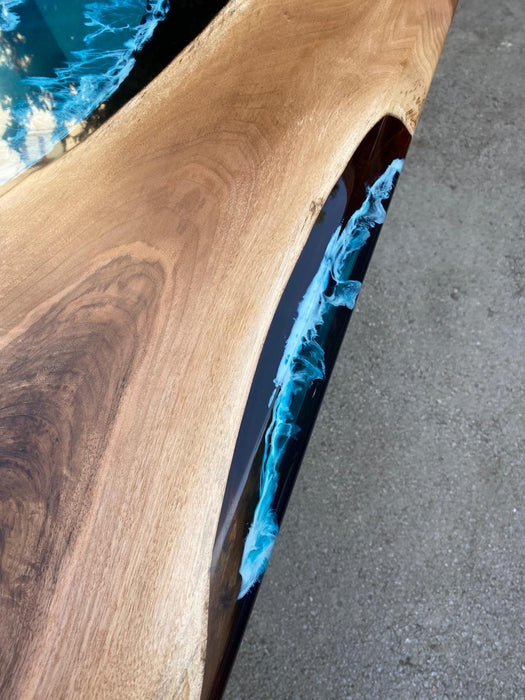 Ocean Epoxy Dining Table, Custom 60” x 30” Walnut Ocean Blue, Turquoise, White Epoxy River Table, Order for Nina J