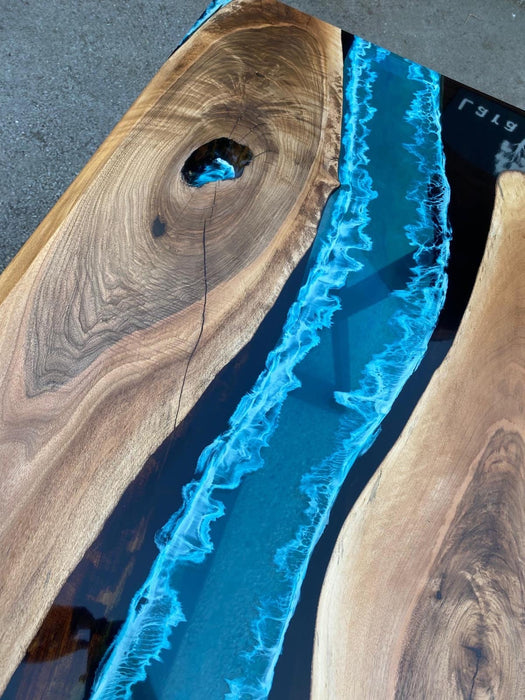Ocean Epoxy Dining Table, Custom 60” x 30” Walnut Ocean Blue, Turquoise, White Epoxy River Table, Order for Nina J