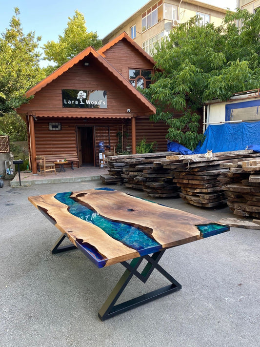 Walnut Dining Table, Epoxy Resin Table, Custom 100” x 50” Walnut Blue, Turquoise, Green Table, Epoxy Dining Table, Custom for Ellen S