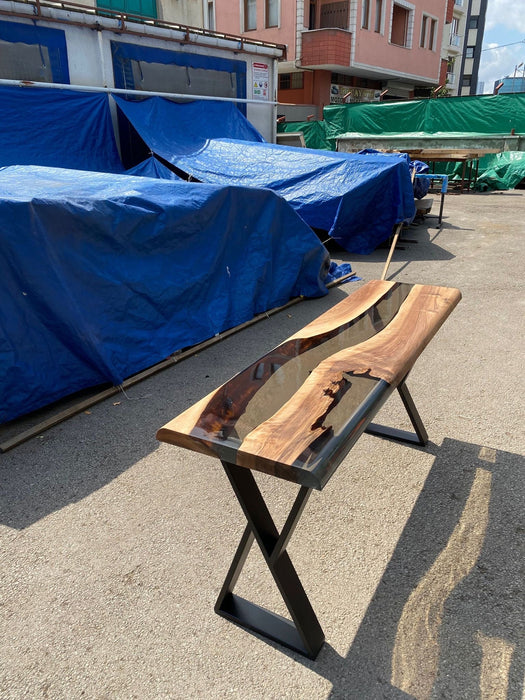 Live Edge Epoxy Table, Custom 65" x 18" Walnut Wood Smokey Gray Console Table, Epoxy Foyer Table, Custom Order for Renita