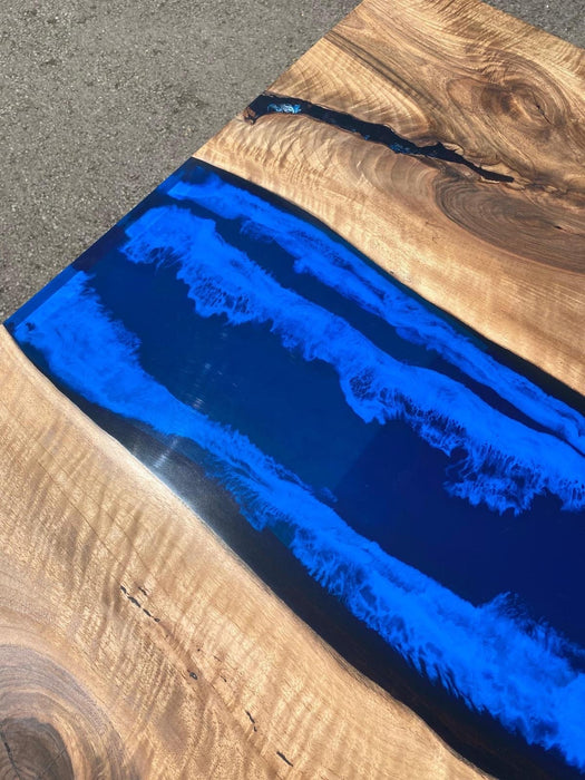 Epoxy Dining Table, Walnut Live Edge Table, Custom 84” x 42” Walnut Wood Deep Blue and Turquoise, White Waves Epoxy Dining Table for Loren1
