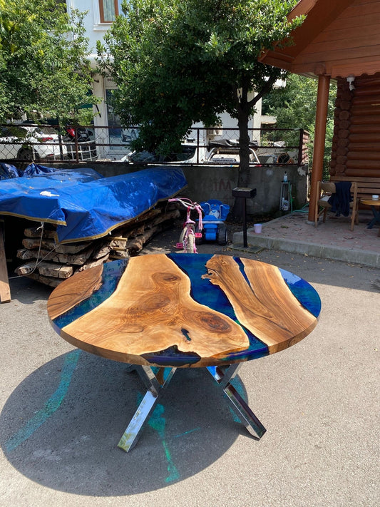 Round Dining Table, Custom 60” Round Walnut Blue Table, Turquoise, Green Epoxy Table, Epoxy Dining Table, Custom Order for Kendra