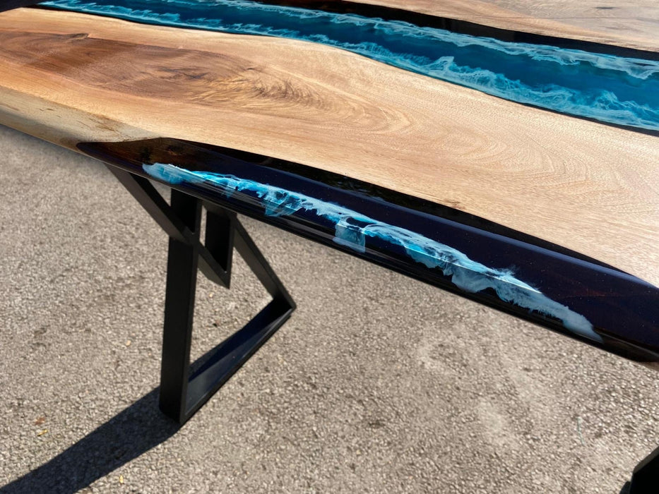 Ocean Epoxy Dining Table, Custom 60” x 30” Walnut Ocean Blue, Turquoise, White Epoxy River Table, Order for Nina J