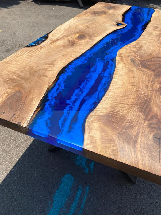 Epoxy Dining Table, Walnut Live Edge Table, Custom 84” x 42” Walnut Wood Deep Blue and Turquoise, White Waves Epoxy Dining Table for Loren1