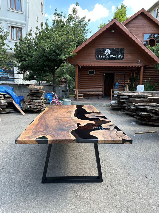 Epoxy Table, Epoxy Dining Table, Walnut Epoxy River Table, Custom 100” x 48” Walnut Black Epoxy River Table Order for Morgan