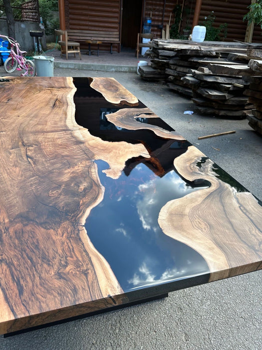 Epoxy Table, Epoxy Dining Table, Walnut Epoxy River Table, Custom 100” x 48” Walnut Black Epoxy River Table Order for Morgan