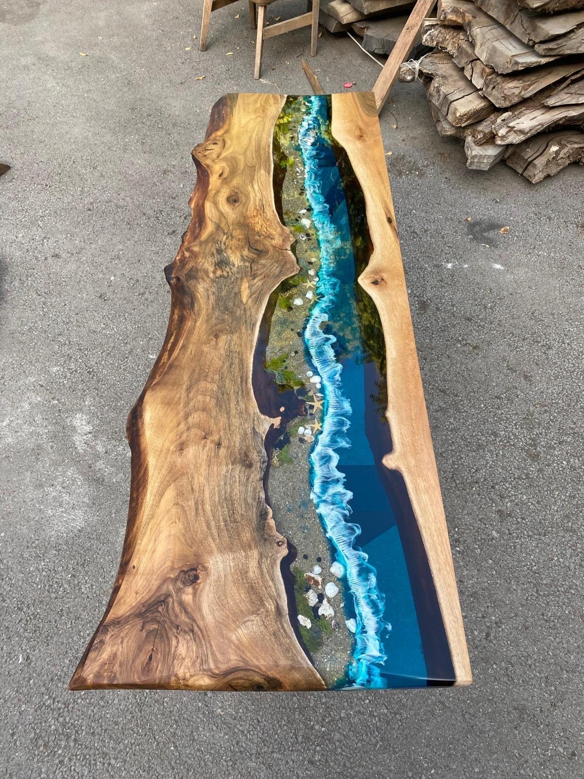 Epoxy Dining Table, Custom 60” x 19” Walnut Blue, Turquoise Epoxy Console Table, Live Edge Table, Aquarium Console Table Order for Nancy 2