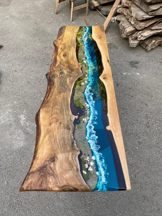 Epoxy Dining Table, Custom 60” x 19” Walnut Blue, Turquoise Epoxy Console Table, Live Edge Table, Aquarium Console Table Order for Nancy 2