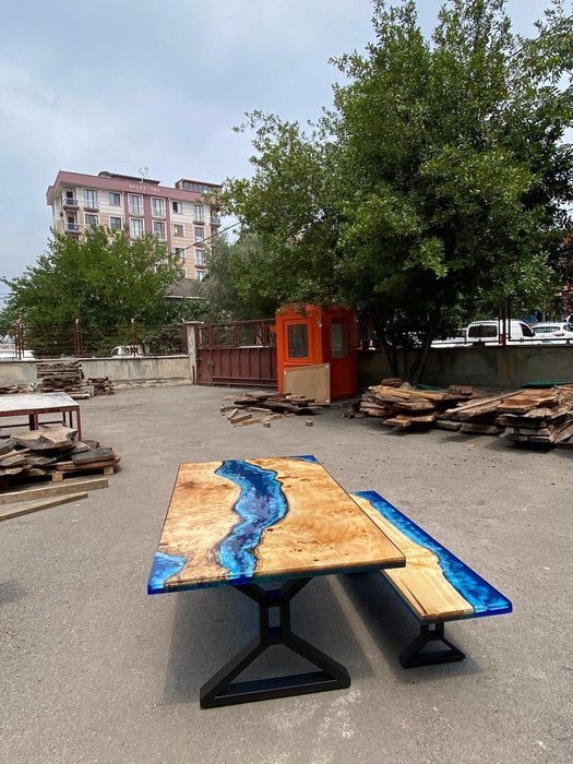 Epoxy Bench, Custom 62” x 17” Poplar Wood Shiny Ocean Blue Bench, Epoxy River Live Edge Table Bench, Custom Order for Roger 2