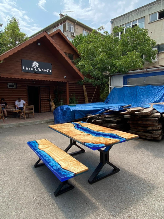 Epoxy Bench, Custom 62” x 17” Poplar Wood Shiny Ocean Blue Bench, Epoxy River Live Edge Table Bench, Custom Order for Roger 2