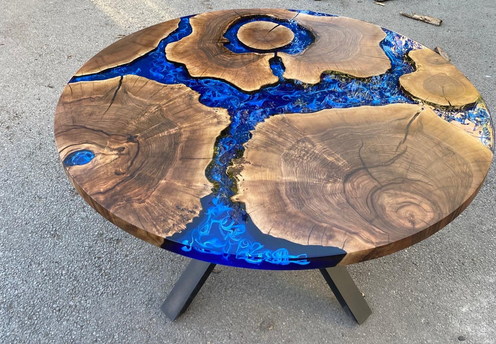 Round Dining Table, Epoxy Table, Epoxy Dining Table, Custom 55” Diameter Round Walnut Wood Blue Epoxy Dining Table, Custom Order for Tracy